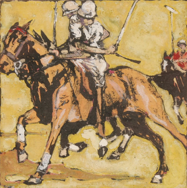 Appraisal: Polo match scene hand touched woodblock print x image pencil