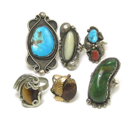 Appraisal: COLLECTION OF SIX SILVER AND METAL RINGS set with hardstone