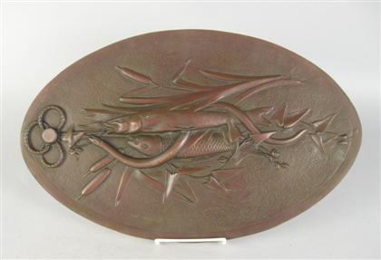 Appraisal: Patinated bronze plaque Of oval form with molded decoration of