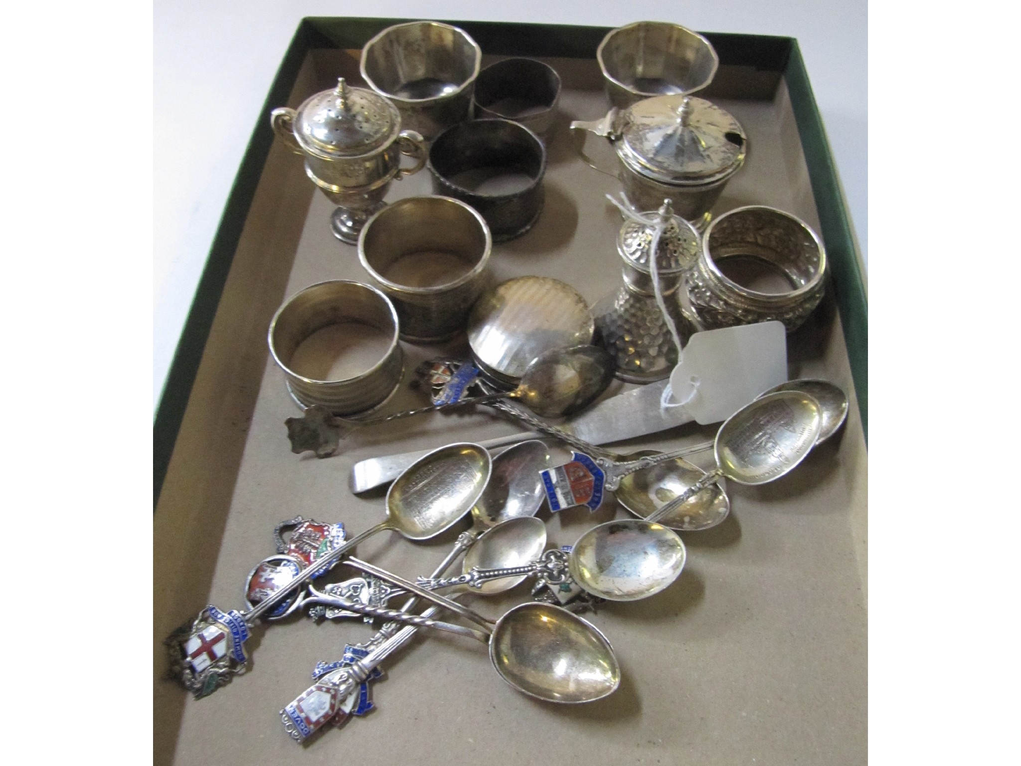 Appraisal: A lot comprising assorted silver condiments napkin rings spoons etc