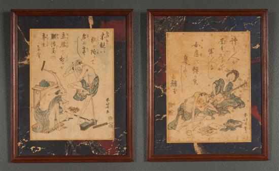 Appraisal: Two Japanese color woodcuts Hokusai Comic scenes framed one depicting