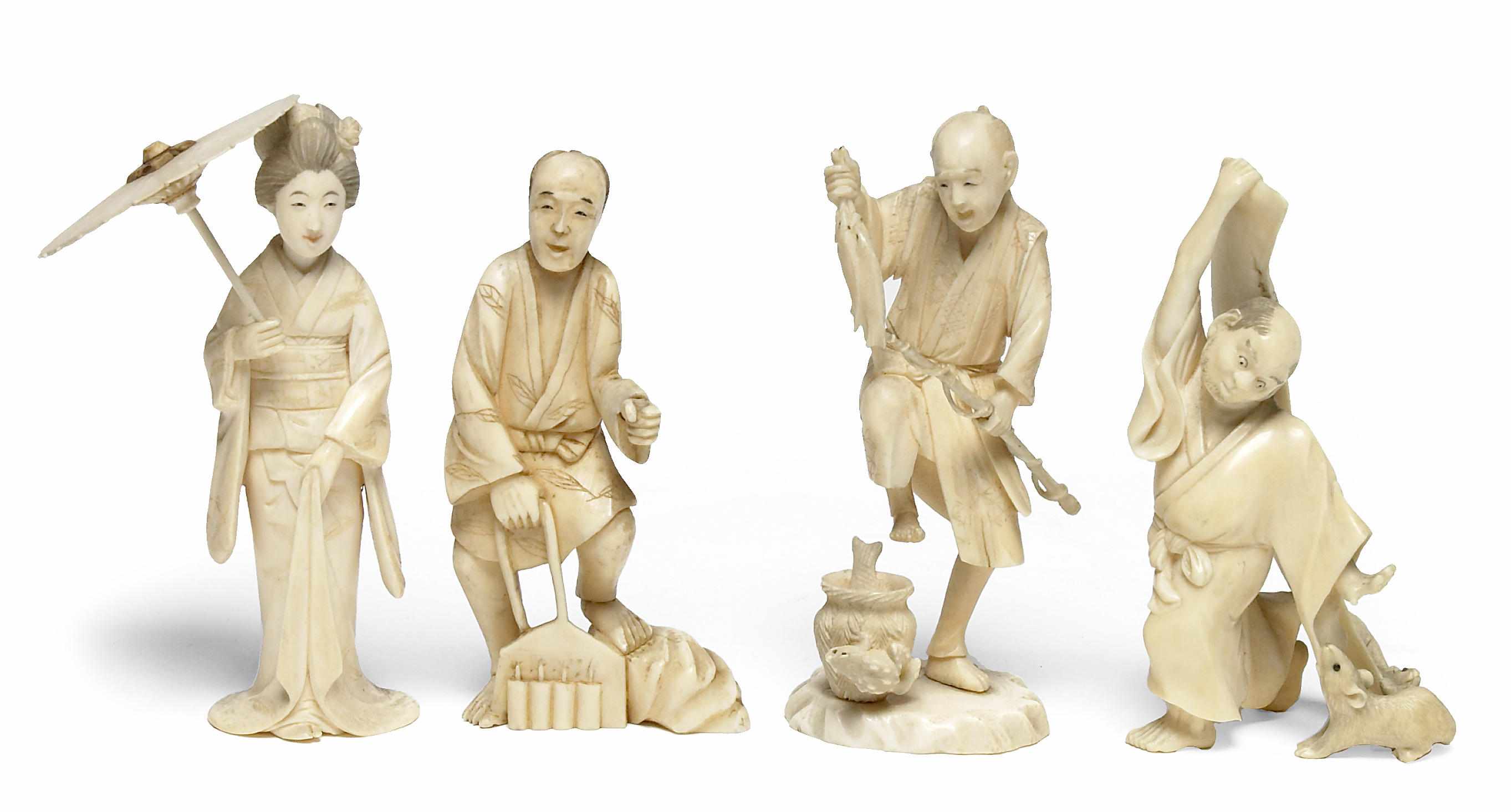 Appraisal: A group of four small Japanese carved ivory okimono late