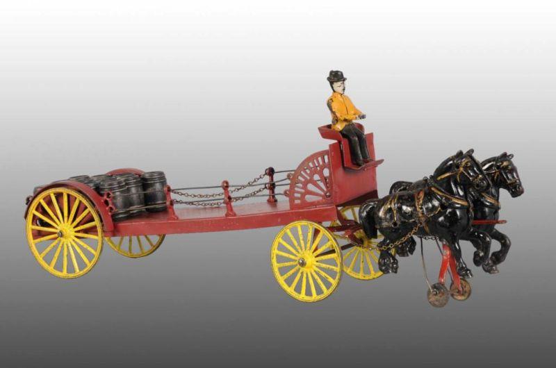 Appraisal: Cast Iron Wilkins Dray Toy Description Includes driver and barrels