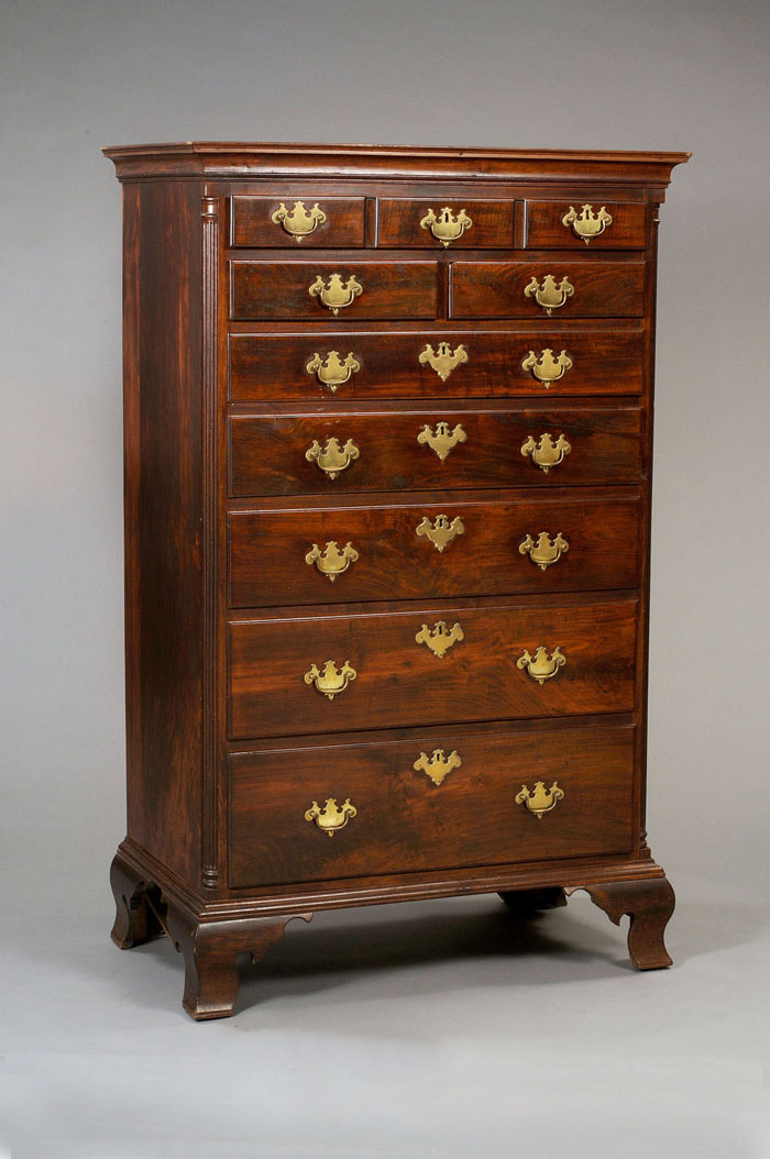 Appraisal: PENNSYLVANIA CHIPPENDALE FIGURED WALNUT TALL CHEST OF DRAWERS The rectangular