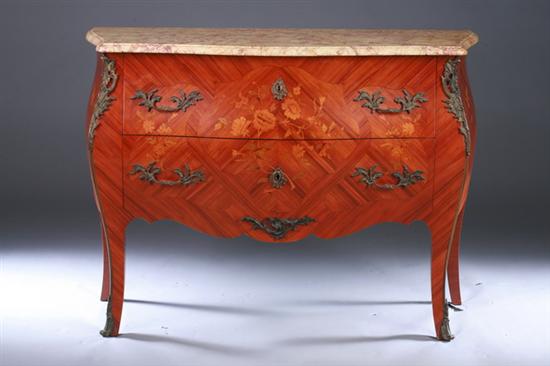 Appraisal: LOUIS XV STYLE MARBLE-TOP INLAID BOMBE COMMODE th century with