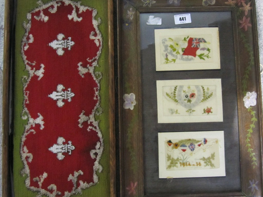 Appraisal: Lot comprising three framed WWI valentines and a beadwork panel