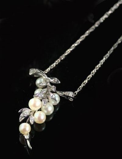 Appraisal: Fourteen-Karat White Gold Pearl and Diamond Cluster Pendant on Chain