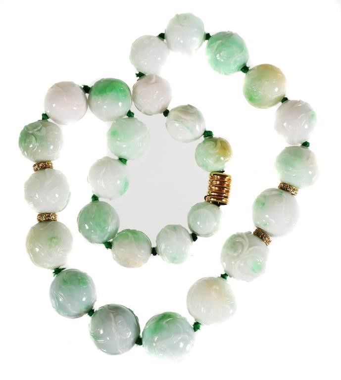 Appraisal: necklace with jade beads graduated to about diameter Gold clasp