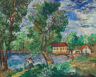 Appraisal: DAVID BURLIUK RUSSIAN - Fishing in Long Island oil on