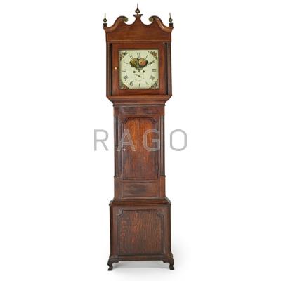 Appraisal: GEORGE III GRANDFATHER CLOCK Mahogany and oak case with painted