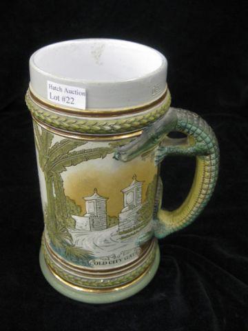 Appraisal: German Pottery Stein etched St Augustine aligator decor liter figural