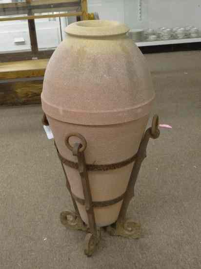 Appraisal: Poured stone jar in metal stand '' Ht