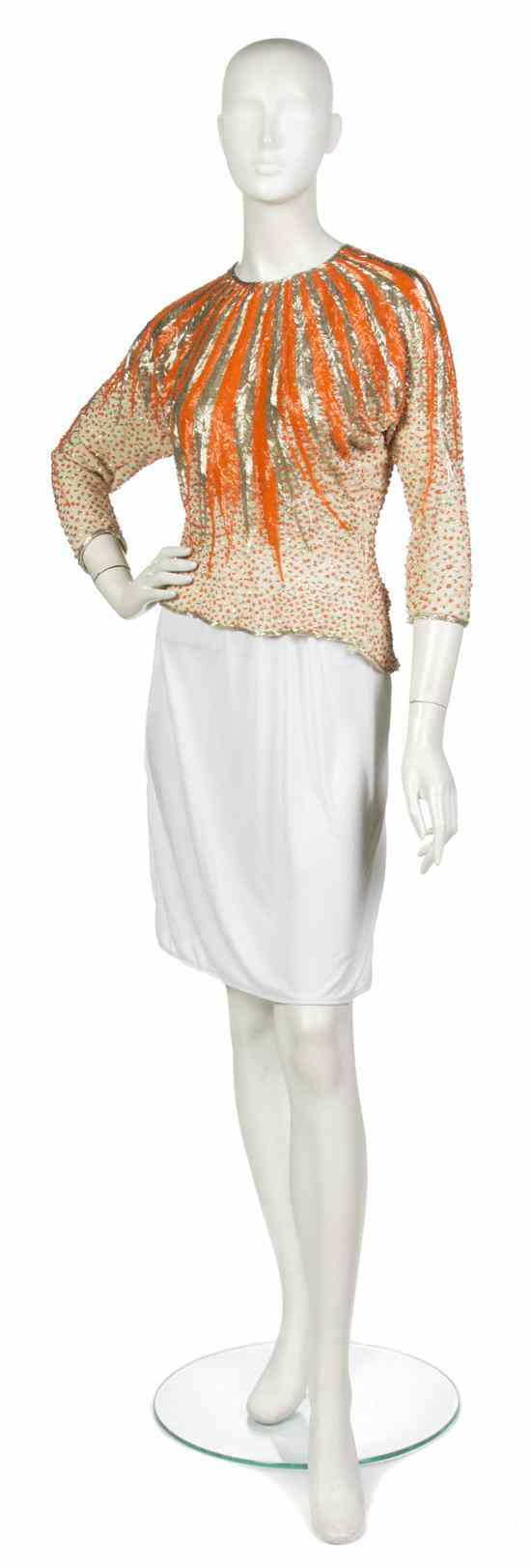 Appraisal: A Halston Orange and Silver Beaded Evening Top allover bugle