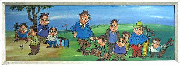 Appraisal: An oil on board painting of golfers waiting to tee