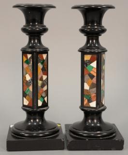 Appraisal: Pair of black marble and mosaic candle holder ht Pair