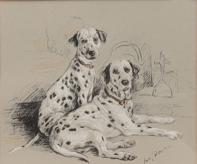 Appraisal: LUCY DAWSON fl - Two dalmatians by the fire lithograph