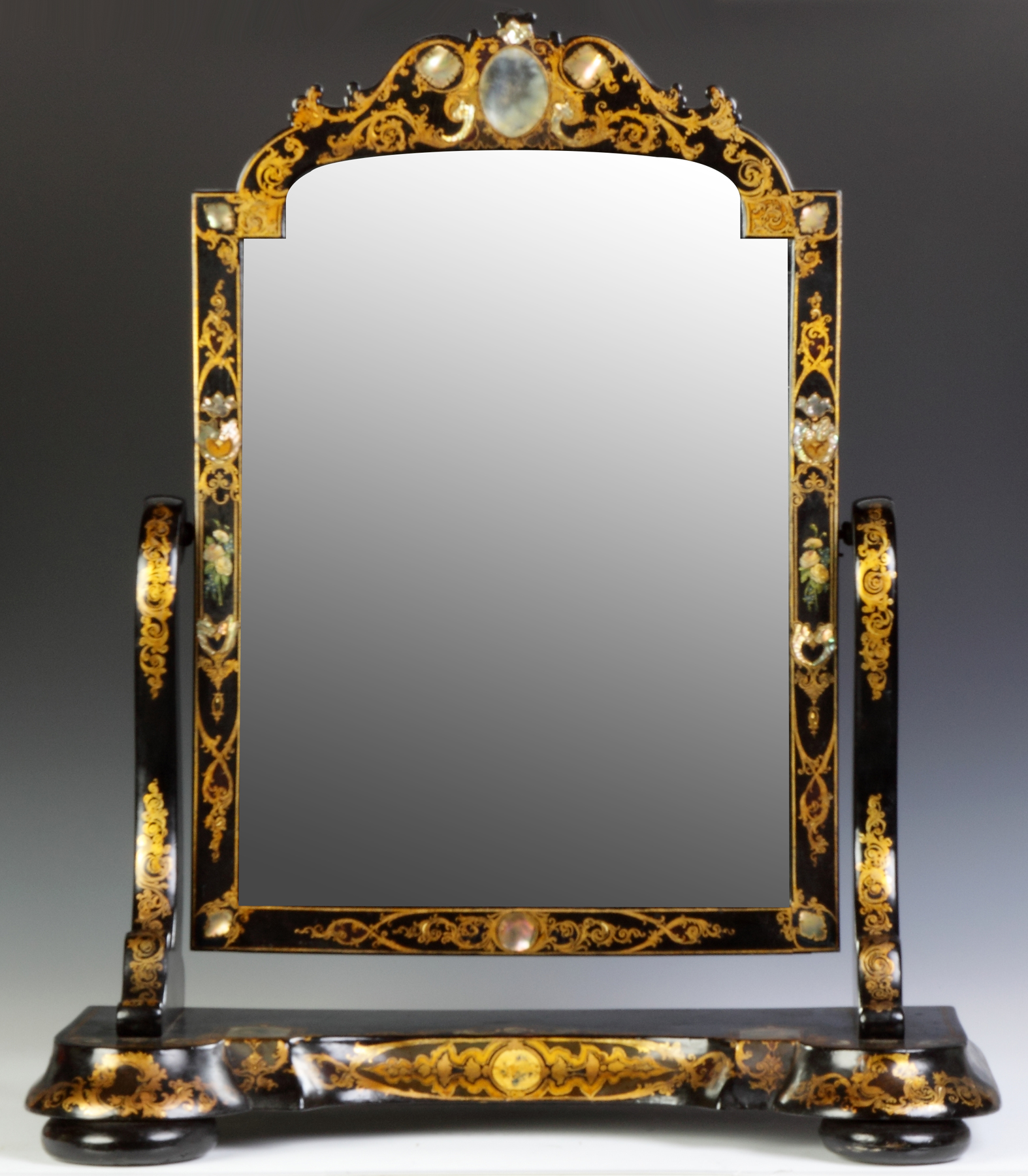 Appraisal: Paper Mache Mirror Stand Mother of pearl gilded decoration