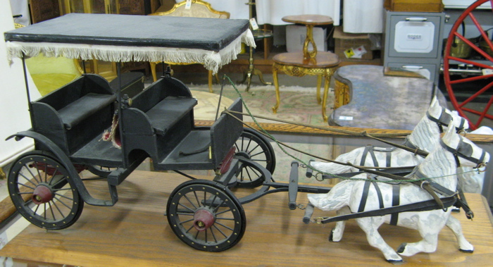 Appraisal: THREE SCALE MODEL HORSES AND BUGGIES hand carved and or