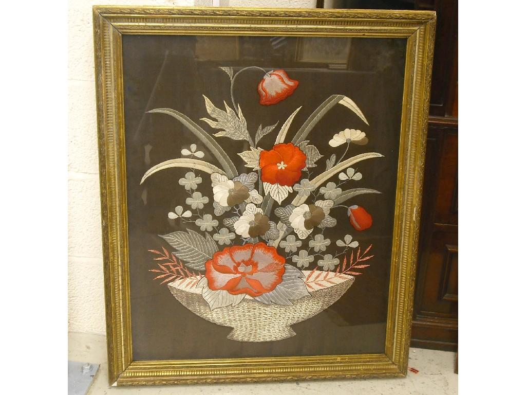 Appraisal: Large modern silkwork picture depicting a floral arrangement in a