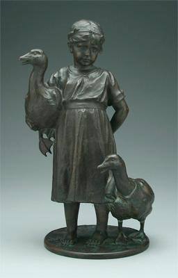 Appraisal: Patinated bronze figural group girl with two geese possibly German