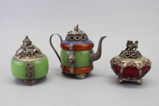 Appraisal: Tibetan Colored Stone Cloisonne Teapots Tibetan Colored Stone Cloisonne Teapots