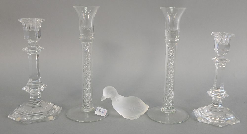 Appraisal: Five piece crystal group to include Baccarat candlesticks Baccarat duck