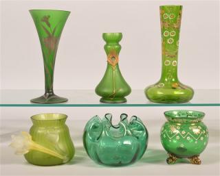 Appraisal: Six Various Pieces of Green Victorian Art Glass Tallest measures