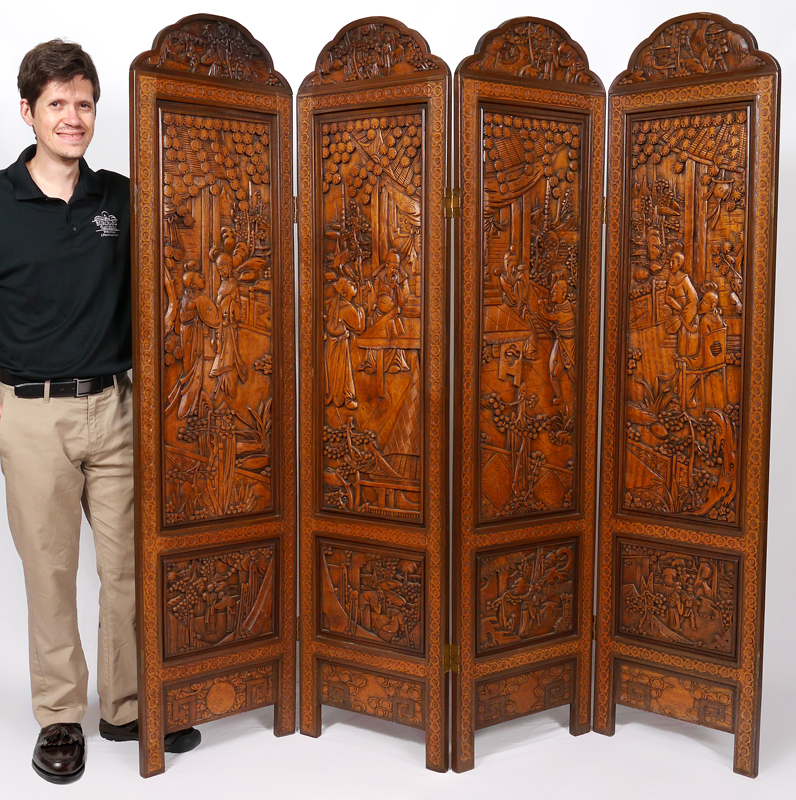 Appraisal: PANEL CARVED ORIENTAL FLOOR SCREEN One side profusely carved with