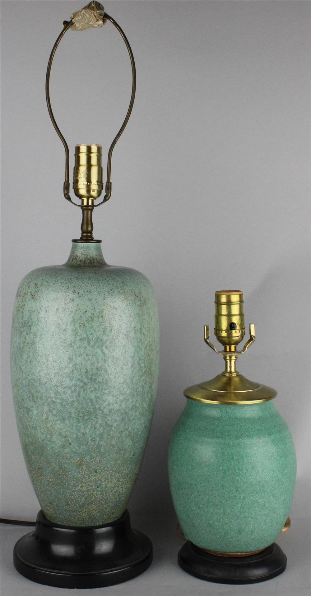 Appraisal: TWO GREEN CERAMIC LAMPS the taller of the two with