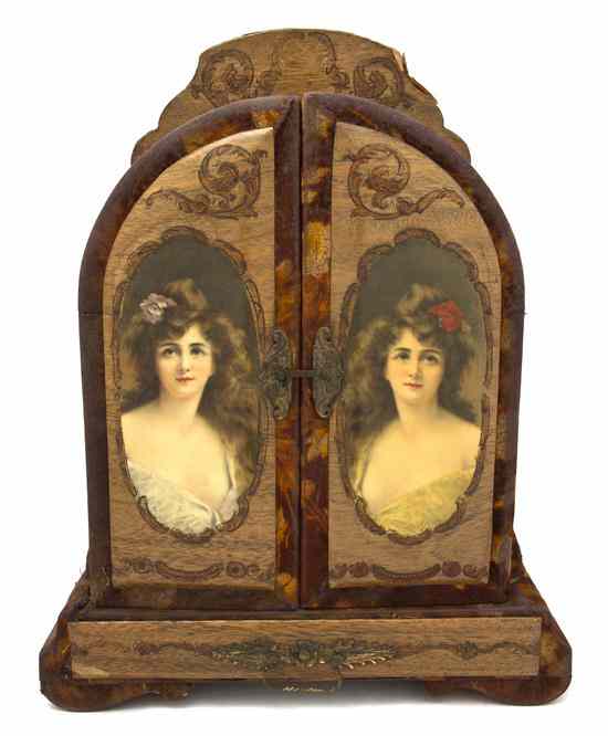 Appraisal: A Tabletop Dressing Cabinet having two doors with transfer decorated