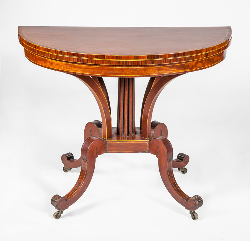 Appraisal: REGENCY INLAID MAHOGANY D-SHAPED GAMES TABLE Fitted with a baise-lined