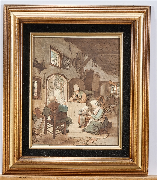 Appraisal: The Newspaper Reader etching and roulette with watercolor by Cornelis