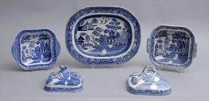 Appraisal: STAFFORDSHIRE BLUE TRANSFER-PRINTED PLATTER AND TWO VEGETABLE DISHES AND COVERS