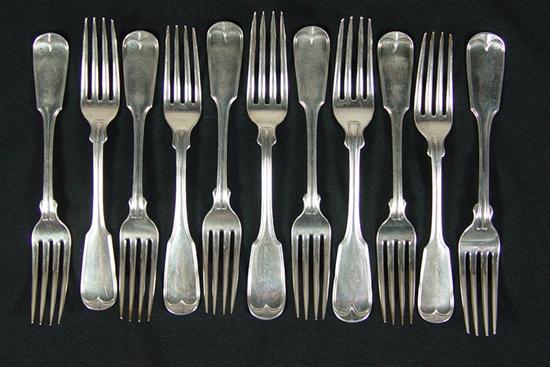 Appraisal: Group of Eleven Coin Silver Fiddle Thread Forks Mid th