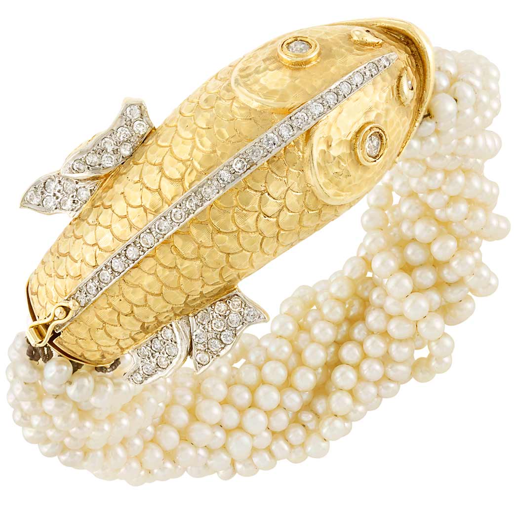 Appraisal: Multistrand Freshwater Pearl Torsade Bracelet with Gold and Diamond Fish