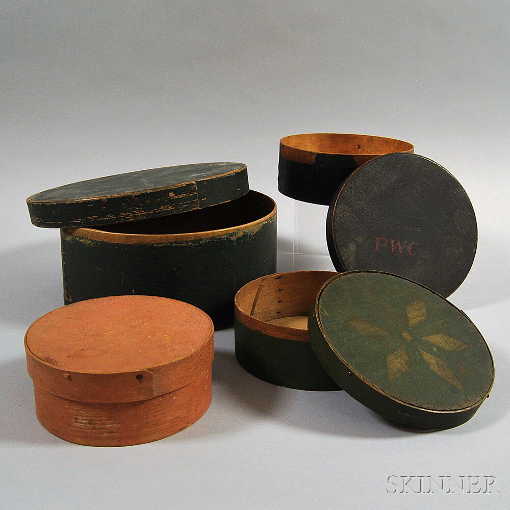 Appraisal: Four Round Painted Pantry Boxes th century one salmon-painted two