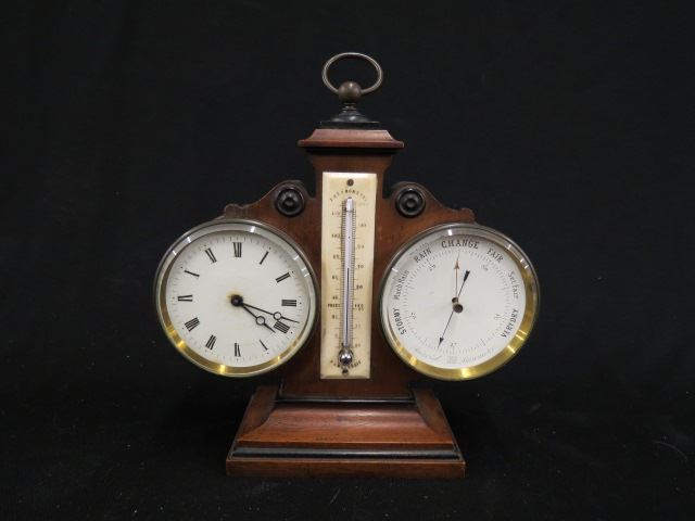 Appraisal: th Century Clock barometer thermometer desk model wood brass working