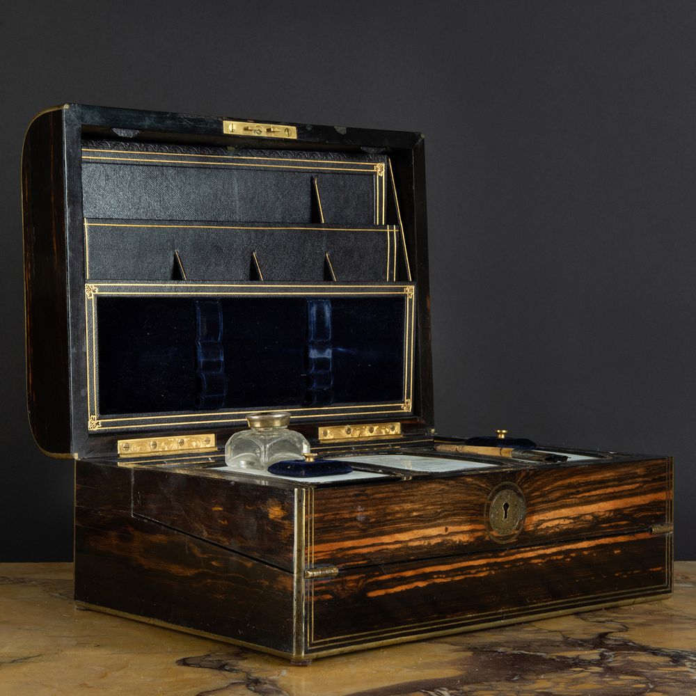 Appraisal: Early Victorian Brass-Mounted Calamander and Mahogany Lap Desk The domed