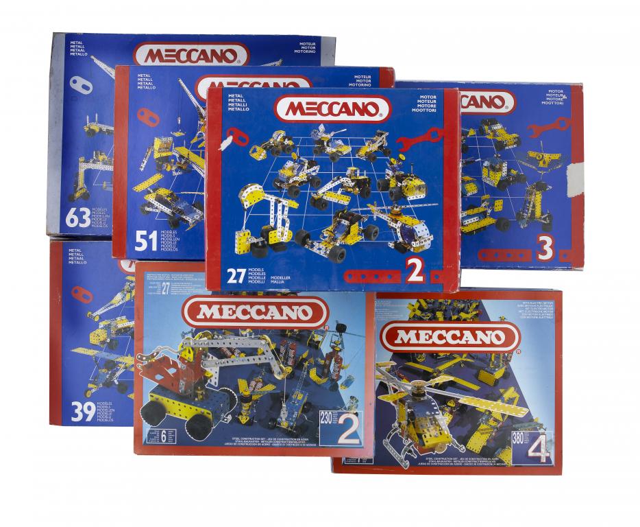 Appraisal: MECCANO OUTFITS AND CLOCK KITS blue and yellow and blue