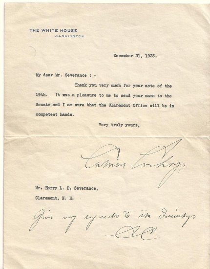 Appraisal: COOLIDGE CALVIN Typed Letter Signed as President to Harry L