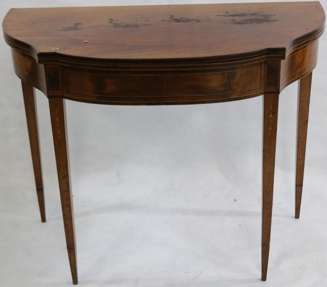 Appraisal: EARLY TH CENTURY HEPPLEWHITE MAHOGANY LIFT TOPGAME TABLE SWING LEG