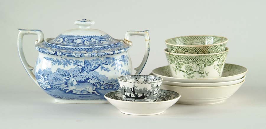 Appraisal: EIGHT PIECES OF EARLY TRANSFERWARE PORCELAIN Lot includes small -