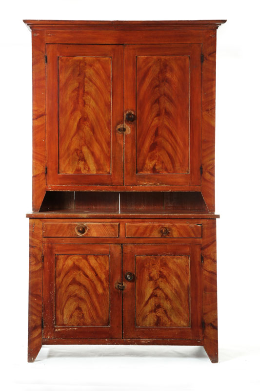 Appraisal: DECORATED STEP-BACK CUPBOARD Ohio mid th century poplar Two-piece the