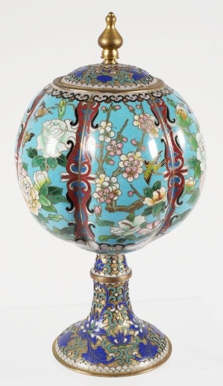 Appraisal: Chinese cloisonn ribbed spherical jar with lid featuring floral blossom