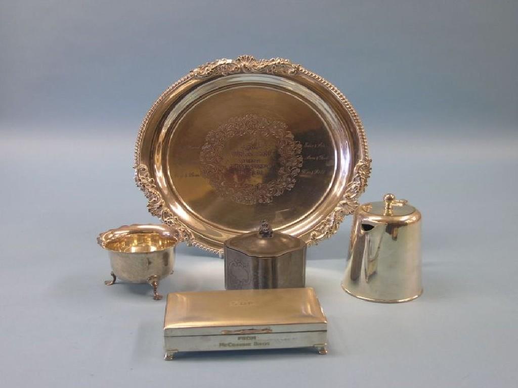 Appraisal: A quantity of silver plated ware including a circular silver