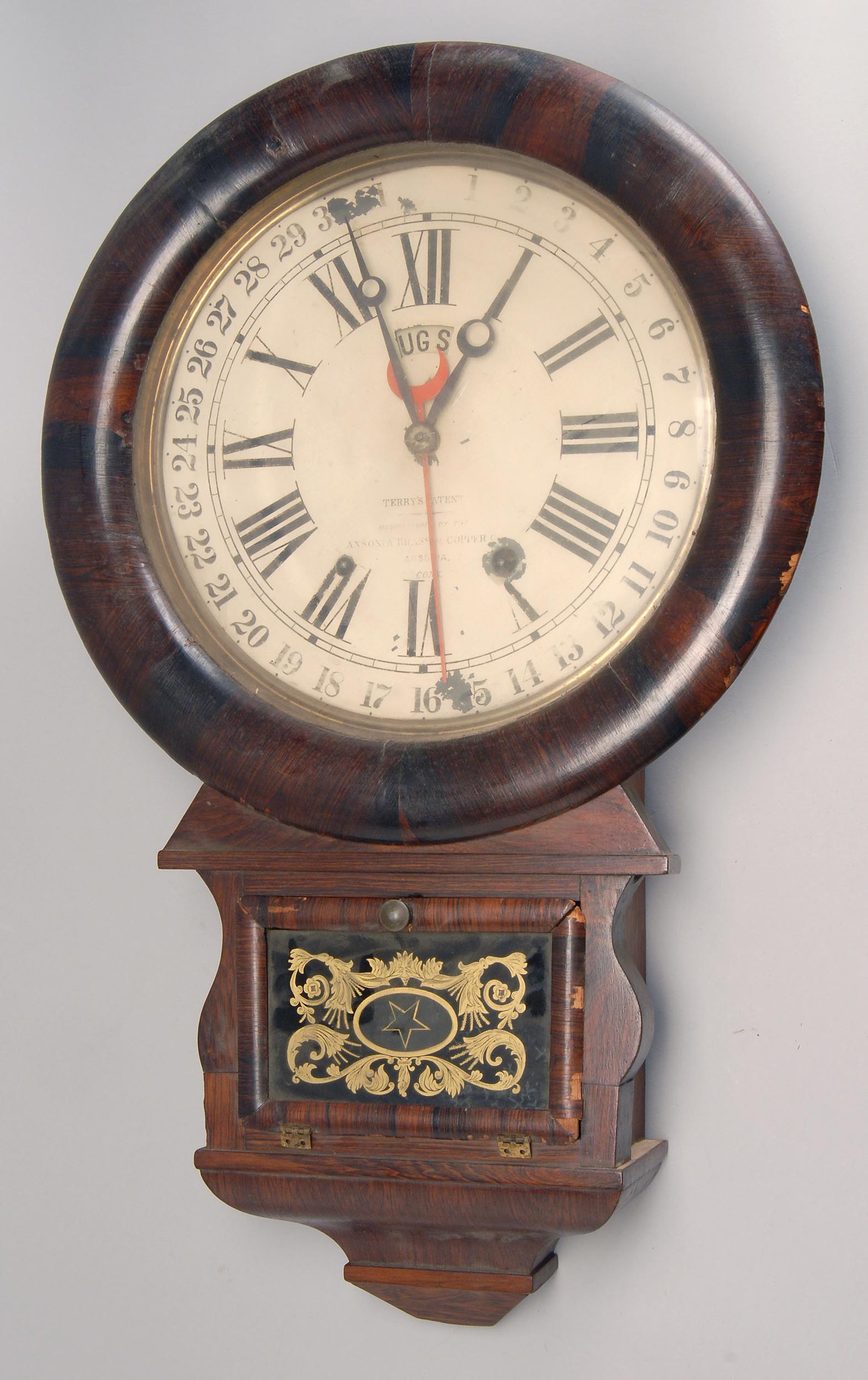 Appraisal: ANSONIA CALENDAR CLOCK in mahogany veneer Reverse painting on glass