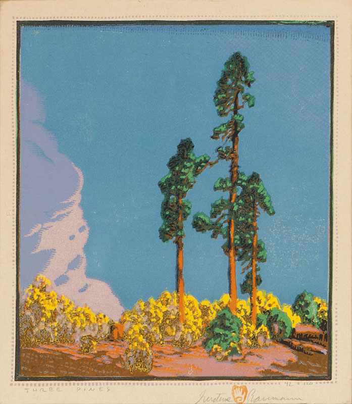 Appraisal: 'Three Pines'' color woodcut on Zanders Bergisch Gladbach cream paper