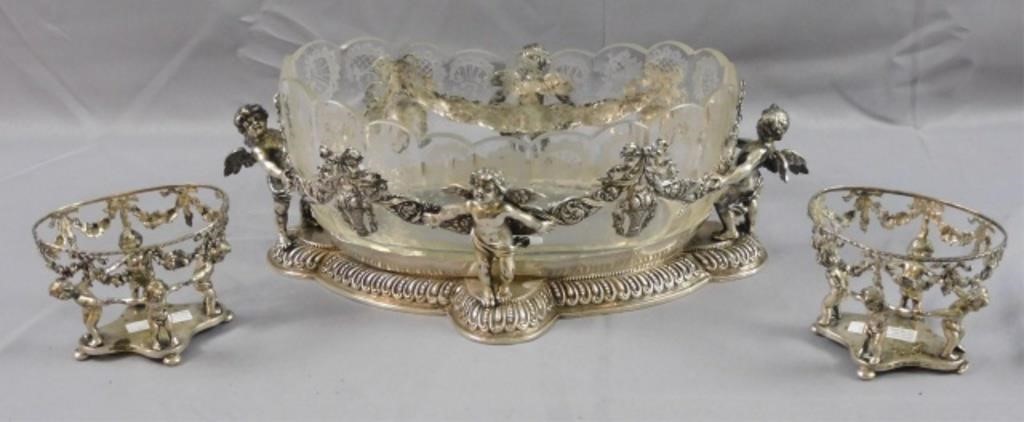 Appraisal: GERMAN SILVER CENTER BOWL WITH ENGRAVED GLASSliner late th c