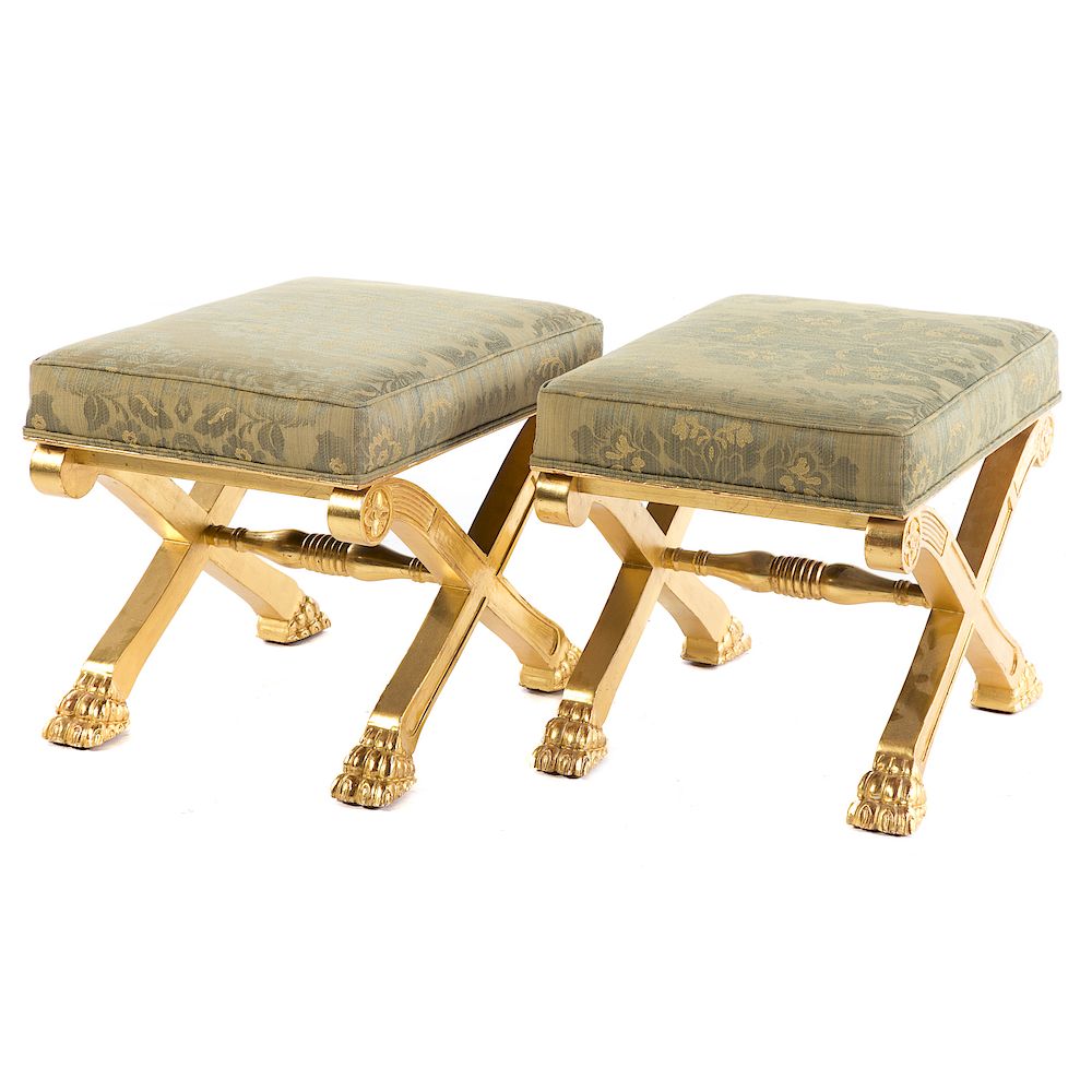 Appraisal: Pair of Regency Style Giltwood Upholstered Stools th century green