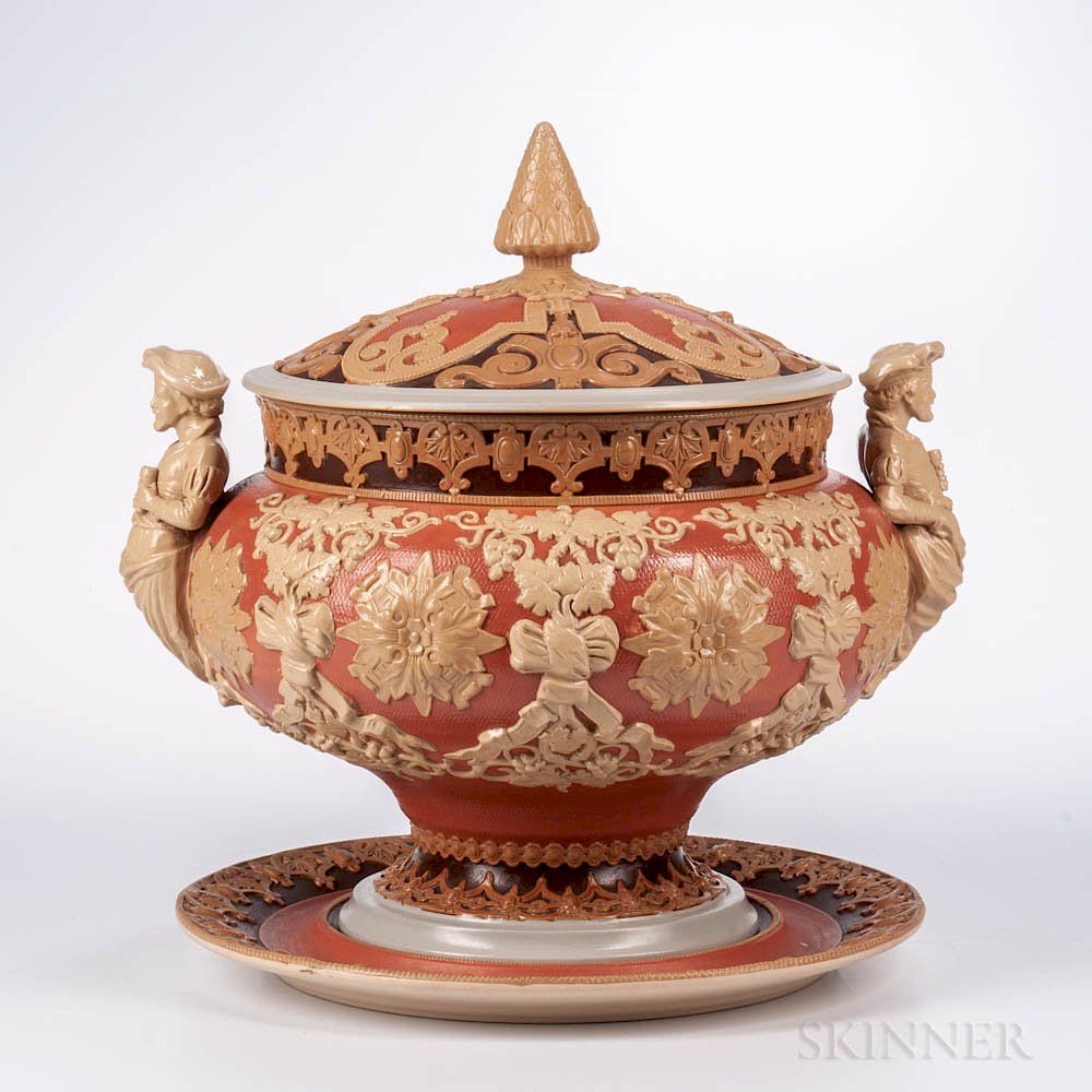 Appraisal: Mettlach High-relief Punch Bowl Cover and Underplate Mettlach High-relief Punch